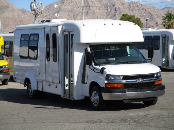 Front Passenger View of 2012 Elkhart Coach Wheelchair Shuttle Bus