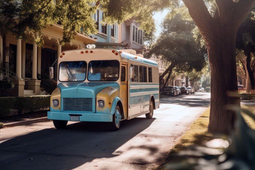 Ice Cream Truck Driving Down Sunny Street.