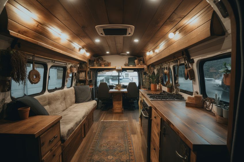 Modern interior van life charming. Travel space. Generate AI
