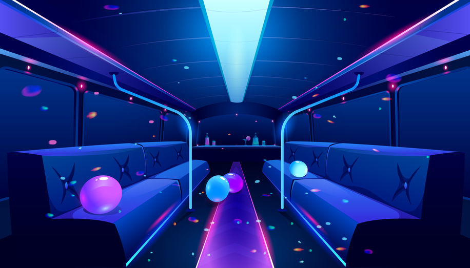 view from inside a party bus with neon lights and balloons 