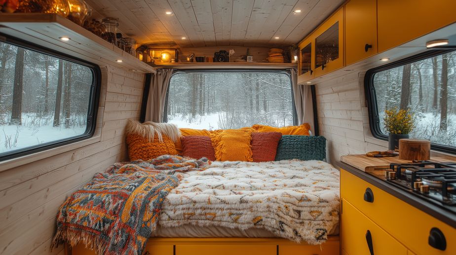 This van showcases a warm and inviting interior featuring a colorful bed adorned with cushions. Large windows reveal a serene snow-covered forest outside, creating a peaceful retreat.