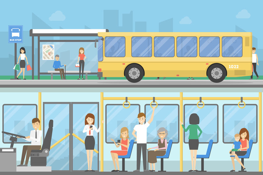 Cartoon People Riding Public Transportation Bus