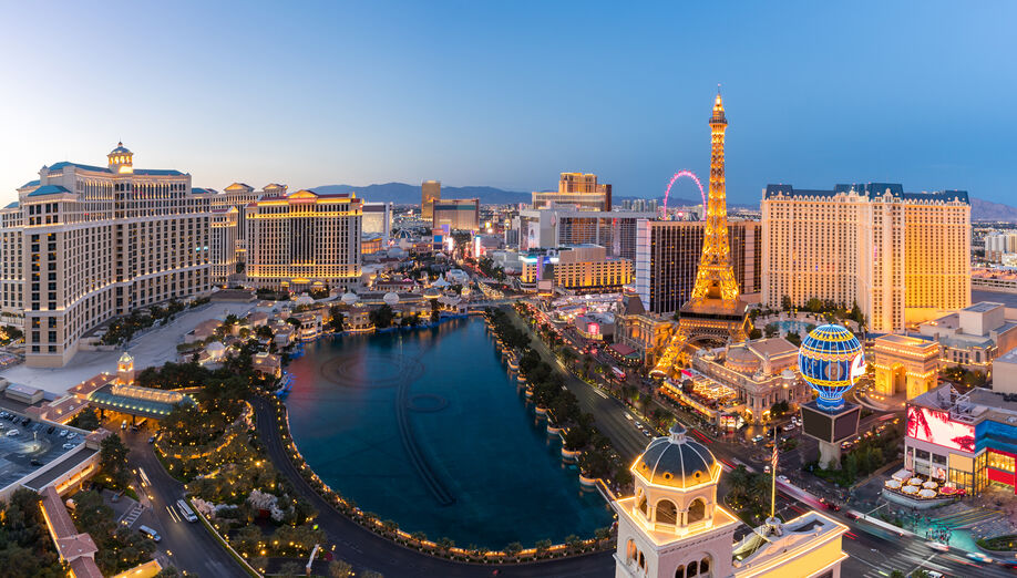 Cityscape of Las Vegas strip Aerial view in Nevada at night USA