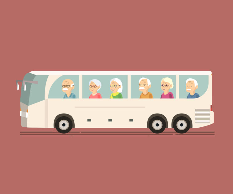 Illustration of group older people travel by bus.