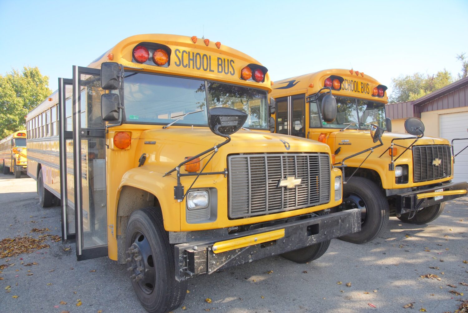 two yellow school buses lined up next to each other