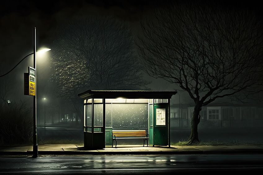 A late-night bus stop, with a single bench and dim street lamp,