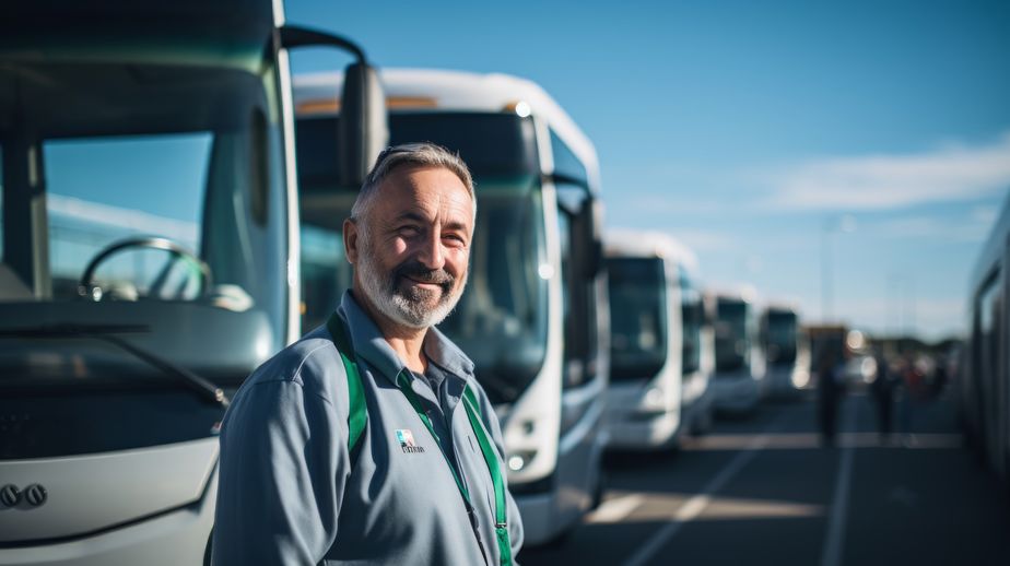 portrait of experienced long-haul bus driver in 40s at highway rest stop line of parked buses natural daylight