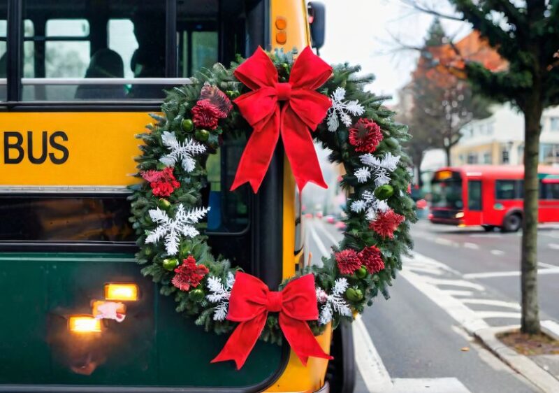A Christmas wreath on the front of a city bus, spreading cheer on the streets. generative ai