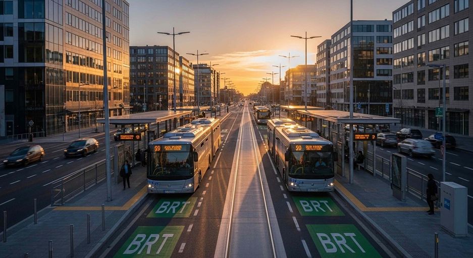 A bustling city street with buses and cars at sunset in a modern urban landscape